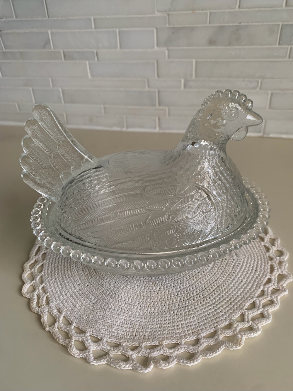 Vintage Indiana Glass Hen on Nest Clear Crystal Beaded Covered Dish - Picture 5 of 15